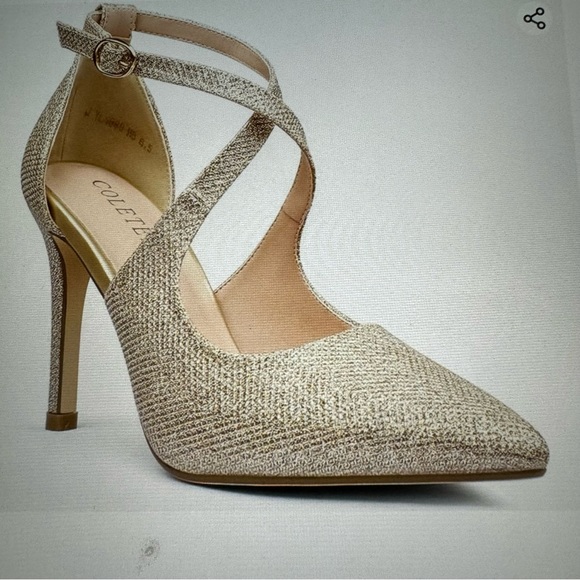 NWT Women’s Gold Glitter Heels Size 6  4" Pointed Toe Crossed Ankle Strap - Picture 2 of 16
